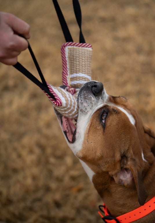 Tough Jute Dog Tug Toy – Heavy-Duty Bite Pad for Tug-of-War, Training & Active Play, Durable Natural Fiber Toy - Red & White Border, Black Handles