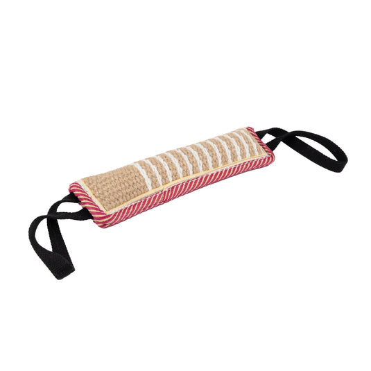 Tough Jute Dog Tug Toy – Heavy-Duty Bite Pad for Tug-of-War, Training & Active Play, Durable Natural Fiber Toy - Red & White Border, Black Handles
