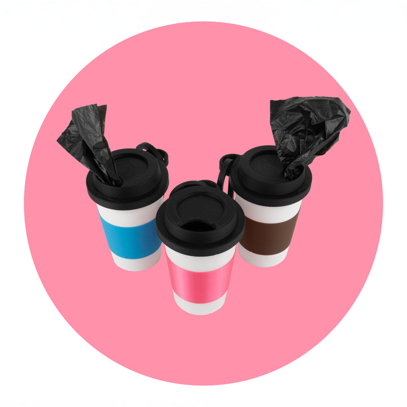 Load image into Gallery viewer, Coffee Cup Dog Poop Bag Holder with Clip - Cute Waste Bag Dispenser - Fun Color Dog Walking Accessory - Coffee Lover Gift - Fun Colors

