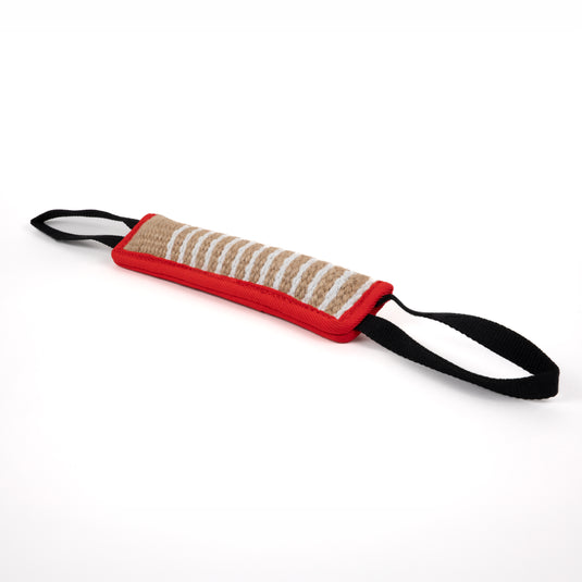Tough Jute Dog Tug Toy – Heavy-Duty Bite Pad for Tug-of-War, Training & Active Play, Durable Natural Fiber Toy - Red Border, Black Handles