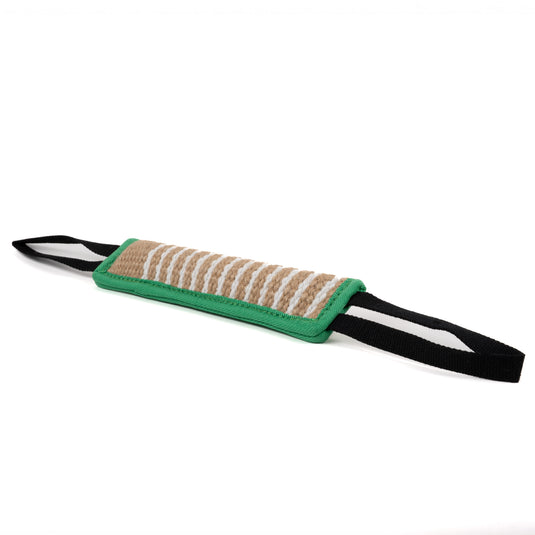 Tough Jute Dog Tug Toy – Heavy-Duty Bite Pad for Tug-of-War, Training & Active Play, Durable Natural Fiber Toy - Green Border, Black Handles