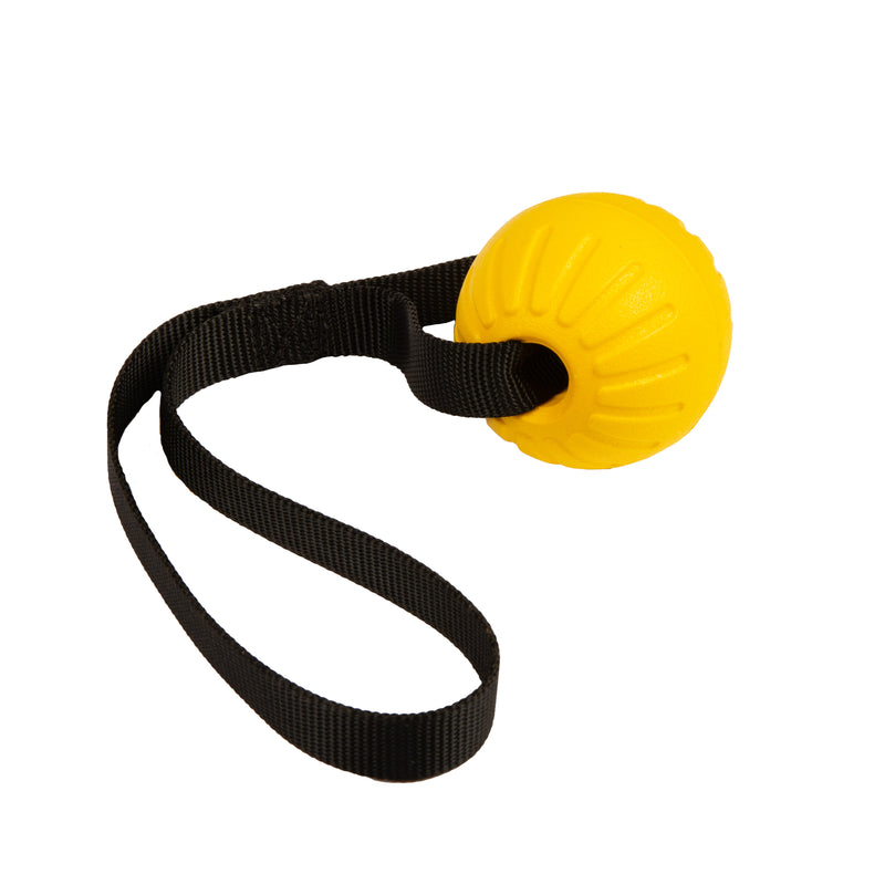 Load image into Gallery viewer, High-Vis Yellow Foam Fetch Dog Ball - Durable Nylon Handle, Black Handle, Medium 12" x 2.75"
