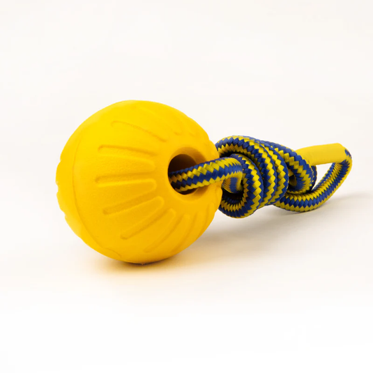High-Vis Foam Fetch Dog Ball with Soft Touch Rope Handle - Medium 12