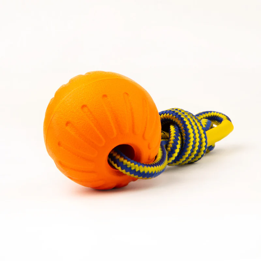 High-Vis Foam Fetch Dog Ball with Soft Touch Rope Handle - Medium 12