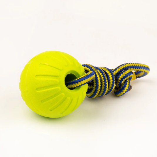 High-Vis Foam Fetch Dog Ball with Soft Touch Rope Handle - Medium 12" x 2.75"