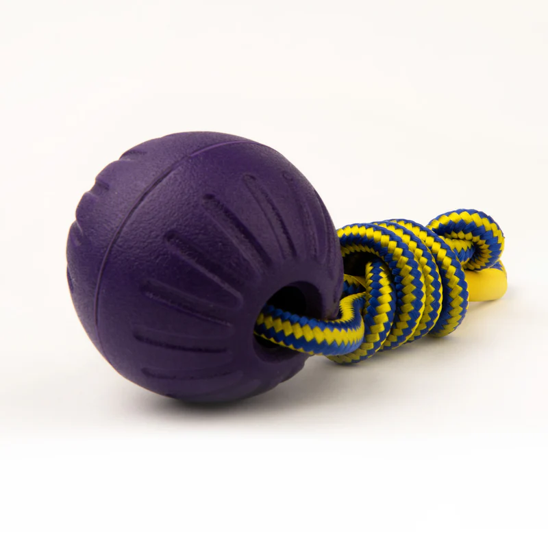 High-Vis Foam Fetch Dog Ball with Soft Touch Rope Handle - Medium 12" x 2.75"