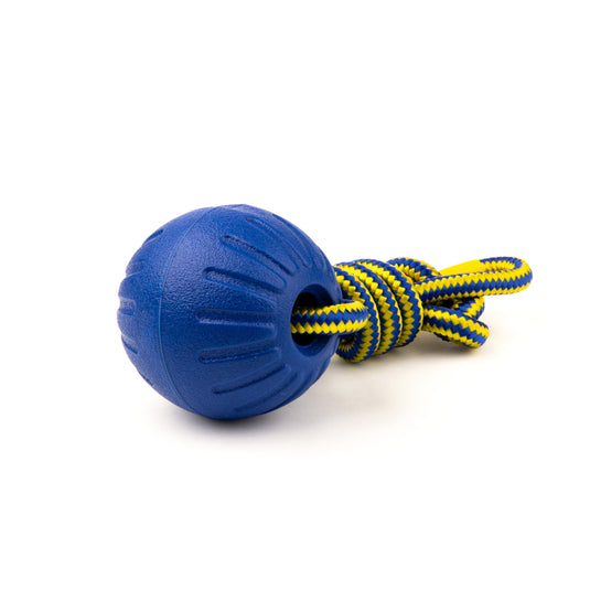 High-Vis Foam Fetch Dog Ball with Soft Touch Rope Handle - Medium 12" x 2.75"