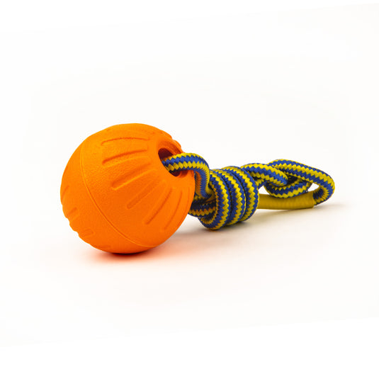 High-Vis Foam Fetch Dog Ball with Soft Touch Rope Handle - Medium 12